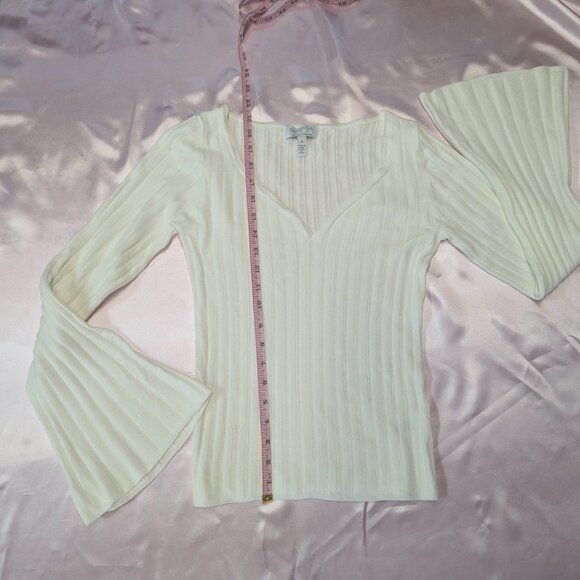 Sofia Size M Sheer Sweetheart Neck Sweater with Notched Stripes Winter White - Picture 9 of 14